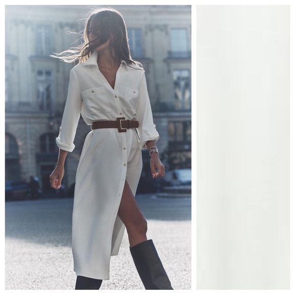 NWT. Zara Oyster-White Midi Dress with Belt. Size L. - Picture 2 of 11